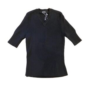 NEW Avant Toi Black Ribbed Short Sleeve V Neck Shirt Sweater Women’s 48